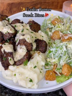 Garlic Butter Steak Bites 😋 Steak seasoned with: Kinders Buttery Steakhouse Dan-O,s Seasoning Maggi Sauce Creamy Sauce: 2 cups heavy cream  1 cup Parmesan cheese  Chopped Garlic Clove Parsley #Foodie#steakbites#garlicbuttersteakbites#steakrecipe#steakdinner#ceasersalad#DinnerIdeas#dinnerformyhusband#EasyRecipe#delicious#foodtiktok#FoodTok#foodreview#cooking#comfortfood