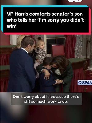 Vice President Kamala Harris comforted Senator Ruben Gallego’s son of Friday after he told her he was “sorry” she didn’t win the election. Harris gave the boy a hug saying, “Oh, you know what, sweetheart … don’t you worry about it. There’s still so much work to do. We’re not defeated.” #politics #kamalaharris #vicepresident #senate #abc7news 