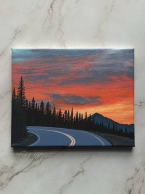 road to tranquility 🌄🧡☁️ • i came across a photo of a beautiful colorado sunset, taken by Frankie Spontelli. i wanted to challenge myself and paint it—here is the final painting! let me know what you think about this piece <3 • #art #painting #sunset #arttok #fyp 