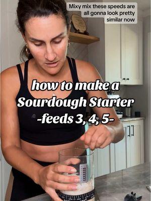 Recipe for feeds 3, 4, and 5 (and al future feeds too)  1-2-2 ratio  1 part starter - 2 parts flour - 2 parts water USING A SCALE (recommended) 30g starter 60g flour 60g water USING CUPS 1/8c starter 1/3c flour 1/4c water  (Water weighs more than flour, that’s why the measurements aren’t equal here and why I recommend using a scale!) What questions do you have? I’ll answer in the comments. #sourdoughstater #sourdoughhelp #sourdoughforbeginners  Set is @Fabletics #fableticspartner 