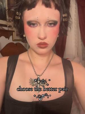 help meee i can’t decide 😖😖 #2000sthrowback #2000sfashion #2000saesthetic #2000smakeuplook #2000smakeup #tradgoth #tradgothmakeup #tradgothfashion #tradgotheyeliner #goth #gothmakeup #f4irvv 