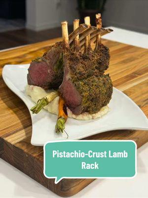 Perfectly seared lamb rack with a pistachio crust. So tender and flavorful and of course a show stopper!  Pistachio-Crust Lamb Rack  Sauce: 1 cup Cabernet 2 cups beef broth 5 tablespoons butter divided  Rosemary sprigs Thyme sprigs 1/2 shallot minced 3 garlic cloves sliced Salt Pepper Method: add 1 tablespoon of butter into a saute pan and melt it. Add in your shallots and cook for about 3-5 minutes on medium heat. Add in your sliced garlic and cook for another minute. Now deglaze with your wine, add your thyme and rosemary and let this cook until half of the wine has evaporated. Now go in with your beef broth and bring to a boil. Remove your thyme and Rosemary sprigs and go in with 4 more tablespoons of butter a couple of chunks at a time as you’re constantly whisking until all of the butter has melted. Season with salt and pepper and then take the sauce off the heat and strain it.  For the pistachio crust: Small handful Chives 2 sprigs Rosemary leaves 5 sprigs Thyme leaves 1/2 cup parsley  2 garlic cloves 1/2 Lemon zest 1/4 cup Olive oil 1/4 cup Pistachios 1/4 cup Parmesan 1 tablespoon Salt 1 teaspoonPepper 1/2 cup Panko Method:  add all ingredients into a blender and blend until smooth everything is finely crumbled For the lamb: 1 rack of lamb chops  Salt and pepper Dijon mustard Olive oil Butter Method: Season your lamb chops with salt and pepper and score your lamb chops. In a hot frying pan, add olive oil and 1 tablespoon butter and sauté the lamb chops on every side to get a little browning on it. Remove and then brush Dijon mustard on every side and then roll the lamb into the seasoned pistachio crust mix. In a sheet pan add a bit of olive oil down and place the lamb chop on it. Drizzle a bit more olive oil over it and then bake at 425 degrees 18 mins. Let it rest for a few minutes before you cut into it.  *You can find the potato puree recipe on my profile #lambchops #pistachio #crust #gourmetfood #gourmetcooking #cookingvideo #dinnerinspo #finedining #athome #Foodie #lambrack 