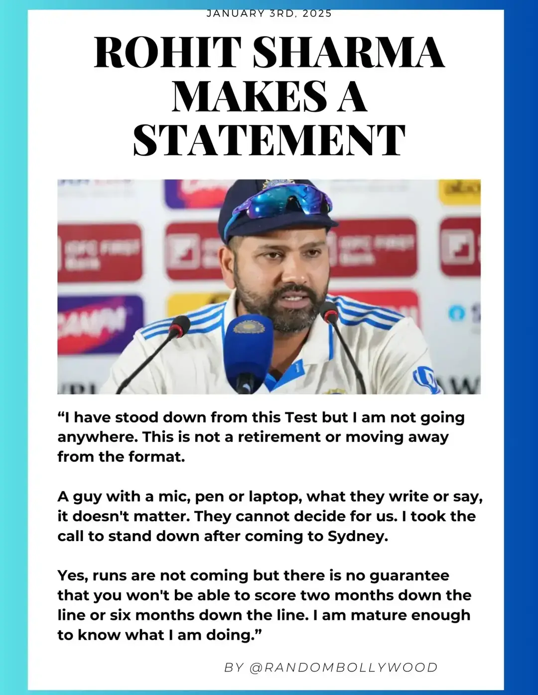 Make it very clear he is not retiring or stepping down.#wtc #cricket #australia #sydney #bordergavaskartrophy #bcci #rohitsharma #viratkohli #rishabhpant #india #ausvsind 