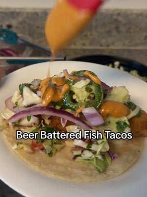 Home made Fish Battered Tacos 🐟🌮 #fishtacos #beerbatteredfishtacos #bajatacos #fish #tacos #Foodie #fypシ #cooking #omi #batteredtacos 