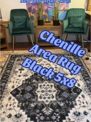 New year deals ! -40% freeship on orders over 25 !Vintage Floral Pattern Rug, 1  chenille rug non slip 5x8 ft ocream carpet store! I got black ) the pops of blue are pretty! #ocreamcarpetstore #floralrug #arearug #newyeardeals #livingroominspo #livingroomdecor #washablerugs 