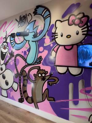 Children’s Bedroom Spray Paint Cartoon Mash Up Mural 🤙 #kbmer #graffiti #cartoons #frozen #regularshow #hellokitty #mural #mashup #painting #montanacans #freehand #spraypaint #bedroom #design #art #wallart 