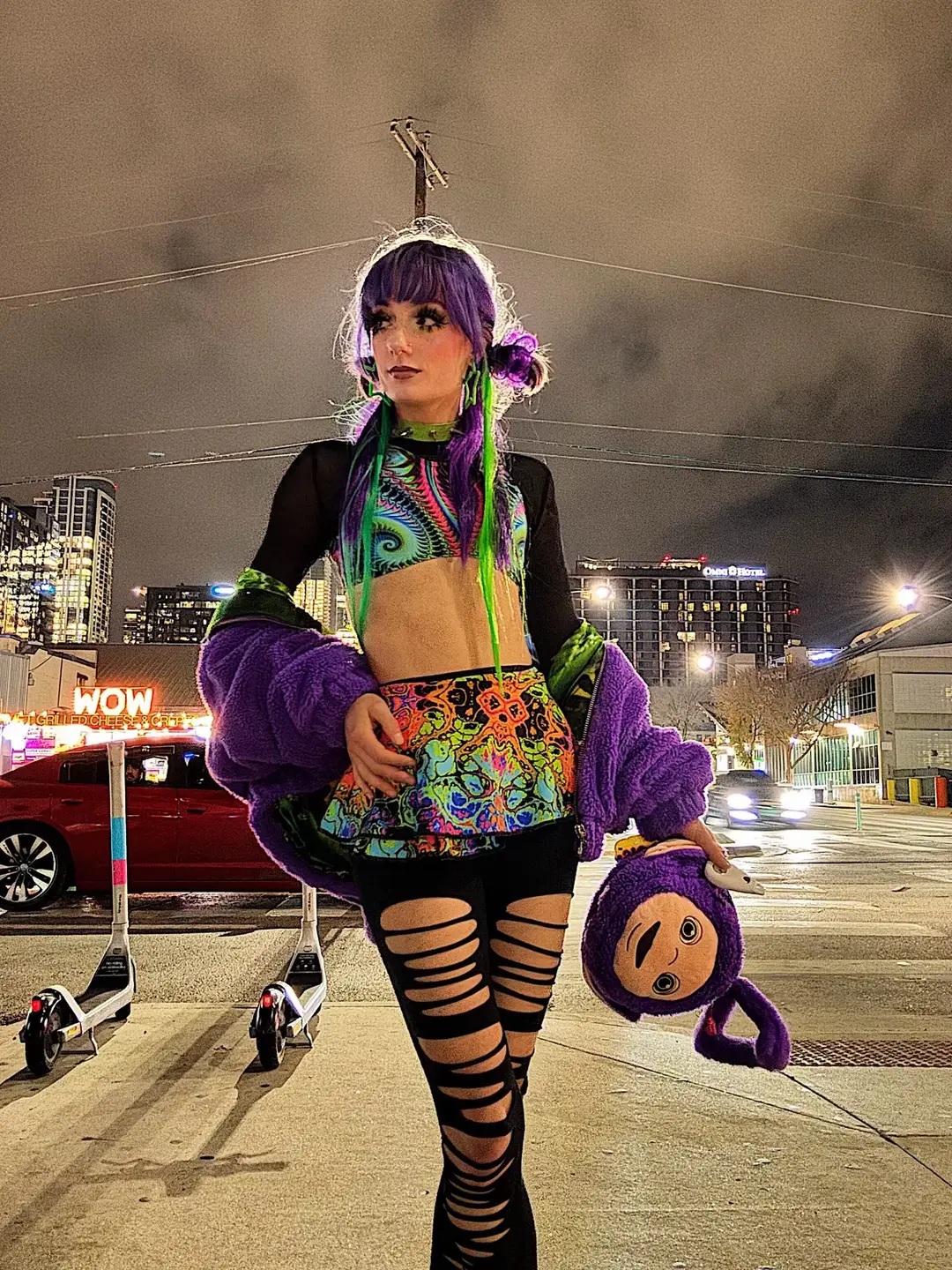 @Kady Rain asked if I wanted to wear her Twinkie Winkie Jacket and I scream “DIPSSSSSYYYYY! Yes” @Dolls Kill  • #Teletubbies ##raving##ravergirl##dollskill##tinkiewinkie##purple##funclothes##platforms##dipsy##lala##poe##streetwear##streetwalk##strolling