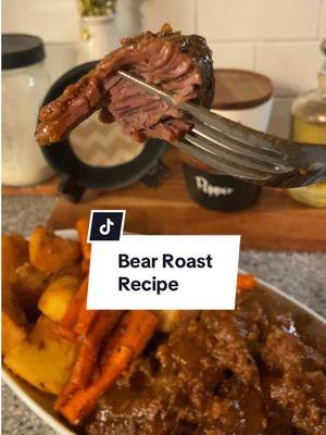 Replying to @maura hennelly  Recipe:  1 (3-4 lb.) bear roast  1 and 1/2 tsp. salt, divided 1 tsp. pepper, divided 1 tsp. garlic powder 1 tsp. thyme 1 cup beef stock 1 cups dry red wine  (Or sub beef stock and wine for 2c water with 2 packs of Lipton onion soup mix)  3 Tbsp. balsamic vinegar 3 Tbsp. tomato paste 4-6 potatoes  6-8 carrots Preheat oven to 325° Add the olive oil to a Dutch oven and heat over medium high heat.  Meanwhile, pat the roast down with a paper towel to absord excess moisture.  Sprinkle it with 1/2 teaspoon of the salt, 1/2 teaspoon of the pepper, garlic powder and thyme. When the pan is hot, sear the roast on all sides, creating a nice crust. This will take 5-10 minutes.  Once the roast is seared, remove from the pan and set aside. Mix together the beef stock, red wine, balsamic, tomato paste, and the remaining salt and pepper in your Dutch oven.  Place the roast back in the Dutch oven with the liquid. Cover and place in the oven for 2 hours.  Check after 2 hours. Roast should be starting to pull apart easily at this point, depending on the size. If it's not, continue to cook for another hour.  Remove from the oven to add your veggies and then continue to cook for approximately 30-60 minutes more.  The roast should reach an internal temp if 165° and should be falling apart with a fork.  Serve with the remaining gravy in the Dutch oven. Enjoy! ##dinnerrecipeforfamily##dutchovencooking##creatorsearchinsights