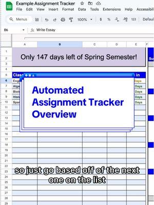 ✨ School Just Got Easier! ✨ Introducing the Ultimate Assignment Tracker – your secret weapon for academic success! 🎒💪 This Google Sheets template will help you stay organized, prioritize tasks, and conquer deadlines like a pro. 😎 Features:  * Automatic prioritization  * Calendar overview  * Progress tracking  * Semester countdown  * And more! Say goodbye to stress and hello to academic success! 🚀 #AssignmentTracker #GoogleSheets #StudyTips #Productivity #StudentLife #Organization #SchoolHacks #NoMoreStress #collegehacks