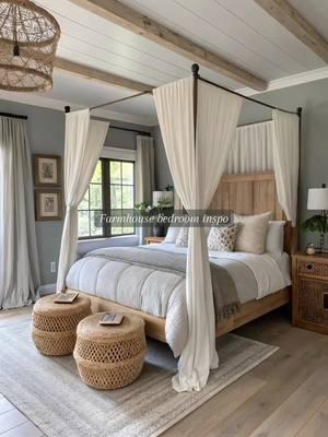 Quick tips for creating the perfect farmhouse master bedroom: 🛏️✨ Neutral Colors: Use soft whites, grays, and earth tones. Natural Materials: Incorporate wood, linen, and cotton. Vintage Accents: Add antique or rustic pieces. Layered Bedding: Combine quilts, throws, and pillows. Soft Lighting: Use warm, farmhouse-style lighting. Greenery: Include plants for freshness. Open Shelving: Display personal items casually. Photos are AI Generated for inspiration. Shop Storefront for storage solutions and home decor - link in bio! #farmhousebedroom #canopybed #storageottoman #ceilingbeams #neutraltones #neutralhome #masterbedroom #bedroominspo #farmhousestyle #farmhouse 