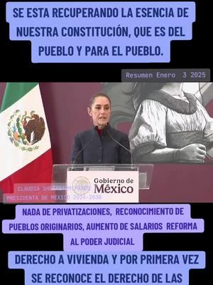 SE ESTA RECUPERANDO LA ESENCIA DE LA #CONSTITUCIÓN #POLÍTICA DE #MÉXICO  DE #1917  AUMENTO DE #SALARIOS SIEMPRE POR ENCIMA DE LA INFLACIÓN,  RECONOCIMIENTO DE LOS DERECHOS DE #pueblos  #ORIGINARIOS  #REFORMA AL #PODERJUDICIAL  #DERECHO A #VIVIENDA  RECONOCIMIENTO A LA #mujer Y LIBRE DE VIOLENCIA. YA NO MÁS #PRIVATIZACIONES NI #CORRUPCIÓN NI #desigualdad  #PRESIDENTA  DE #MÉXICO #claudiasheimbaum  #4T #AMLO  #AMLOVERS 