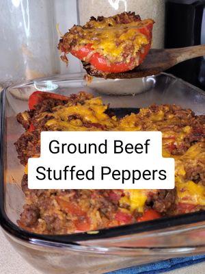 Ground Beef Stuffed Peppers. I'd give these a 9/10 a nice meal all in one. This dish works great for any season in my book. You will need  1 lb ground beef 1 medium Onion chopped 3-4 bell peppers cut and seeds removed. Shake or two of cayenne pepper 1/4 tsp black pepper  1/2 tsp cumin 1 tsp smoked paprika  1 tsp garlic powder 1 tsp oregano  1 tsp salt  2 Tb brown sugar  14 oz can diced tomatos  1 1/2 tsp Better Than Bullion Chicken  1 tsp Worcestersire sauce  1 c cooked long grain rice  Cut the bell peppers length wise and remove the seeds. Add them to a pot and make sure they are covered in water. Bring them to a boil and once the water reaches the boiling point boil them for 3 minutes. When the time is up place the peppers in a greased 9 x 13 baking dish.  Preheat your oven to 350 degrees.  In a pan brown the brown beef and cook the onions. Season with all the seasons listed and then add the bullion, Worcestersire sauce, diced tomatos and brown sugar. Stir in the cooked rice and cook just until the rice has started to soak up any extra liquid from the tomatoes. Stuff the peppers and add some of your favorite cheese on top.  Bake for 20 minutes. Enjoy!  #DinnerIdeas #stuffedpeppers #stuffedpeppersrecipe #EasyRecipe  #groundbeef #stuffedpeppersrecipe 