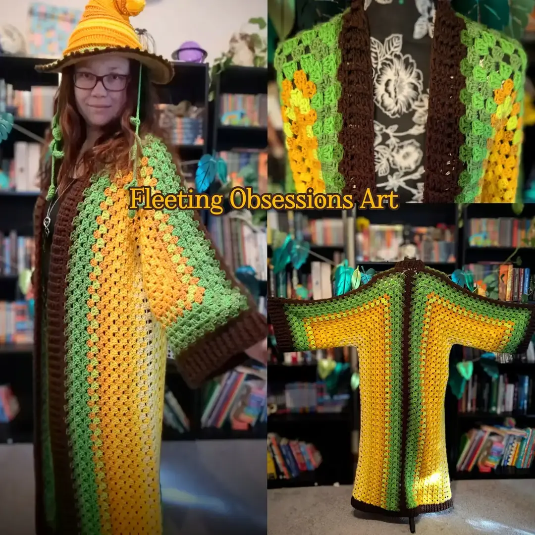 I love my new long cardigan! I'm already making 2 more.  I made some cheat sheets as requested to help others do it as well! I have them listed for Free on my website and Ravelry.  It's all in the first 3 rows and then you are off! You can also watch the full or shortened YouTube videos as well as requested.  https://www.ravelry.com/patterns/library/extended-hexagon-cardigan-add-on https://youtu.be/mKJ4eeyYfwY *Witch hat pattern is the Wisteria Witch Hat by theentangledfae  #fleetingobsessionsart #fleetingobsessionscraft #hexagoncardigan #extendedhexagoncardigan 