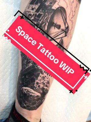 Got to start this #spacetattoo yesterday. I’m really excited to put the color background in next time 🪐👩‍🚀❤️ Space and science tattoos are so much fun. I’ve never done a satellite before but I really enjoyed it. Can you spot #laika the dog? #wip #stl 