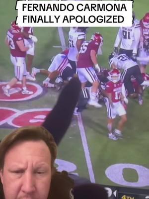 #greenscreenvideo Fernando Carmona apologized for stepping on a players ankle! 😳❗️ #CollegeFootball #football #footballfans #fernandocarmona #arkansasfootball #texastechfootball #cfb25 #cfbplayoffs #fypage #fyppp 