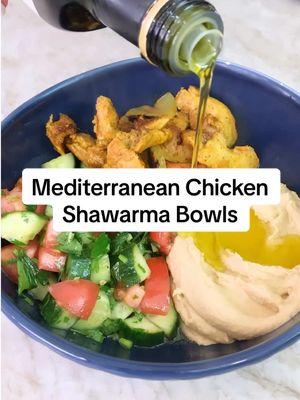 Mediterranean Chicken Shawarma Bowls - Are you ready to follow the Mediterranean Diet??  These chicken shawarma bowls are the first recipe in my 30-Day Mediterranean Diet Challenge! Follow along for 30 days of easy Mediterranean Diet recipes. 🙌 These healthy chicken bowls are made with oven-baked chicken shawarma, Mediterranean salad with tomatoes and cucumbers and creamy hummus.  #chickenshawarma #chickenshawarmarecipe #shawarma #shawarmarecipe #mediterraneandiet #mediterraneandietrecipes #mediterraneandietmealplan #mediterraneandietforbeginners #mediterraneanfood #mealplan #mealplanideas #HealthyMealPlan #healthylifestyle For the Chicken Shawarma ¾ tbsp ground cumin ¾ tbsp turmeric powder ¾ tbsp ground coriander ¾ tbsp garlic powder ¾ tbsp paprika ½ tsp ground cloves ½ tsp cayenne pepper Salt 8 boneless, skinless chicken thighs 1 large onion, thinly sliced 1 large lemon, juice of ⅓ cup extra virgin olive oil Mediterranean Salad 6 Roma tomatoes, diced 1 large English cucumber, diced ½ small red onion ¾ bunch parsley Kosher salt, to taste ½ teaspoon black pepper 1 teaspoon ground Sumac 2 tablespoon extra virgin olive oil 2 teaspoon freshly squeezed lemon juice, plus more to taste To serve (optional) A side of hummus, tzatziki, tahini, or baba ganoush