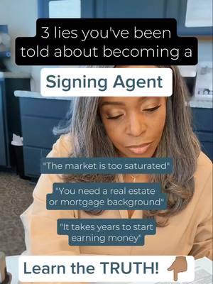 Think becoming a Signing Agent is out of reach? Let’s bust some myths! 🚫 Here are 3 lies you’ve been told and the truth that sets you free: 1️⃣ 'The market is too saturated' – Regardless of the market there is ALWAYS buying, selling, and refinancing going on, and a notary is required for every one of those transactions!  The demand for skilled signing agents continues to be steady, especially as the real estate market changes. There’s plenty of room for motivated individuals to thrive! 2️⃣ 'You need a real estate or mortgage background' – Absolutely not! While some knowledge helps it's not required.  My Signing Agent Advanced Training Program teaches you everything you need to know - you don’t need prior industry experience to succeed! 3️⃣ 'It takes years to start earning money' – With the right training and dedication, you can start making money in just a few months. Many of my students land assignments quickly and begin seeing real income sooner than they ever imagined! 💼 Ready to take control of your career and income? Join my Signing Agent Advanced Training Program today and start building your path to success as a Notary Signing Agent! 💬 What do you think about these myths? Drop a comment below and let’s discuss! #notarytip #signingagentbasics #publicnotary #notarypubliclife #notarymentor #notaryboss #signingagenttraining #mompreneur #signingagent #notarysigningagent #loansigningagent #sidehustle #notarytok 