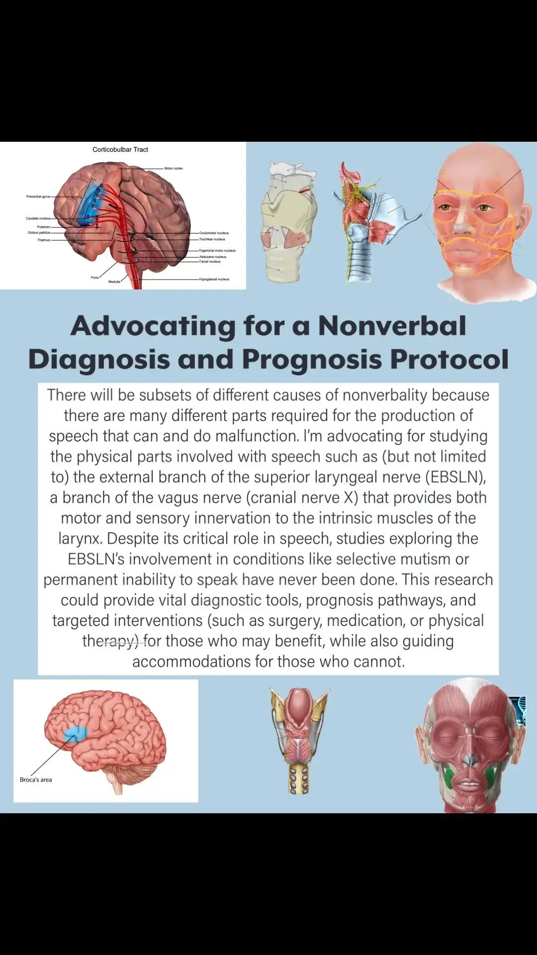 Advocating for a comprehensive diagnostic and prognosis protocol for nonverbal individuals by examining the overlooked physical mechanisms of speech, including the external branch of the superior laryngeal nerve (EBSLN). Research can lead to targeted interventions, earlier accommodations, and laws around access to accommodations in a timely manner for those who won’t benefit from interventions to reduce instances of language deprivation that lead to lifelong cognitive impairments. #Nonverbal #SpeechTherapy #DisabilityAdvocacy #Neurodiversity