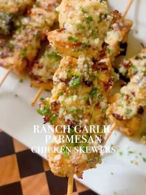 Get ready to devour these irresistible Garlic Parmesan Ranch Chicken Skewers! 😋✨These are the perfect combo of ranch, garlic and Parmesan with a hint of spice and each bite is packed with SO much flavor!! You can grill, bake, or air fry!  Ingredients: Chicken: 2 lbs chicken tenders 2 tbsp olive oil Garlic Parmesan Butter Sauce: 1 stick butter 8-10 cloves garlic, minced 1/2 cup Parmesan, grated 1 tbsp hot sauce 2 tsp red pepper flakes 1/3 cup parsley, minced 1 tbsp ranch seasoning 1 tsp dill 1/2 tsp onion powder Chicken Seasoning: 1.5 tbsp ranch seasoning 1 tsp dill 2 tsp paprika 1 tsp garlic powder 1 tsp onion powder 1/2 tsp salt 1/2 tsp pepper Directions: 1. Toss chicken in olive oil and chicken seasonings. 2. Make sauce: melt butter, add garlic, Parmesan, hot sauce, red pepper flakes, parsley, ranch seasoning, dill, and onion powder. Simmer. 3. Preheat grill to medium-high. Thread chicken onto skewers. Grill 10-15 mins, turning occasionally, until cooked through (165°F). 4. Brush with garlic Parmesan butter sauce during last minutes of grilling. Serve with extra sauce. Enjoy! Note: If you don’t have a grill or if the weather doesn’t allow for grilling, you can bake the Garlic Parmesan Chicken Skewers in the oven at 350 degrees F for about 25 minutes, or until chicken is fully cooked through. #chicken #ranch #gameday #skewers #parmesan #apps #appetizer #appetizers 