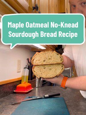 Oatmeal Porridge 130g boiling water 65g rolled oats Final ingredients 422g bread flour (11.5-12% protein) 220g water, 75˚F 22g ripe sourdough starter 195g oatmeal porridge (from above) 35g maple syrup 9g salt For the oatmeal porridge: Place oats and boiling water in medium bowl and stir until uniform. Cover and let sit for 20 minutes.  For the loaf: Place about 15 grams (1 tablespoon) water in small bowl and set aside. Add maple syrup, remaining water, and starter to oatmeal mixture, and stir until combined (I like using my mixer). Add flour and stir until uniform and no dry flour remains. Add salt and reserved water to top of dough. Cover bowl and let sit for 30 minutes. Using hands, knead, mash and squeeze dough in bowl until water and salt are fully incorporated and dough is uniform in texture Cover bowl well and let sit for 30 minutes. Using lightly wet hands, fold dough in bowl until tight and uniform, 6 to 8 folds. Desired dough temperature: 75˚F. Cover and let ferment ferment at room temperature (68 to 75˚F) until dough is domed, lightly bubbly, and about tripled in volume, 12 to 14 hours. Dust top of dough lightly with flour, loosen from bottom of bowl, and invert onto floured countertop and gently preshape . Cover and let rest for 30 minutes. Flour top of dough and surrounding countertop. Using bench scraper, loosen dough from counter. Shape as desired. Transfer to floured banneton or lined basket. Cover and let sit for 30 minutes, then transfer to refrigerator for 8 to 24 hours  Preheat oven and Dutch oven for 30-60 minutes. My oven does well at 475°F  Invert dough onto parchment or a bread sling, score and load into the Dutch oven. Bake covered for 20-ish minutes, drop the oven temperature to 425 and bake until the loaf is deeply golden. Let cool fully before enjoying.   #sourdoughclub #sourdoughbaking #sourdoughbeginner #bakersoftiktok #microbakery #Recipe 