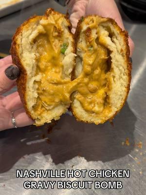 🐓 NASHVILLE HOT CHICKEN GRAVY BISCUIT BOMB: Chicken tenders tossed in house blended Nashville hot seasoning chicken, scratch made gravy, green onion, cheddar cheese #cheesepull #gravy #foodporm #foodtiktok #foodies #drippy #bakerytiktok #baker #goth #alt #cheese #cutvideo #bitethis #cbus #columbus 