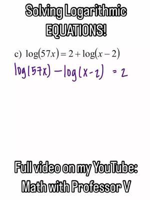 Solving LOGARITHMIC EQUATIONS! Need help with Differential Equations, Precalculus, Calculus or your other math classes? Look no further! Math with Professor V is to the rescue! I have full length video lectures and short form videos on my YouTube channel breaking down various units into fun, digestible topics. Sequences and series, integrals, learning differentiation techniques, and all other things Calculus related are explained on my youtube channel! New uploads daily, link in bio! Xoxo, Professor V  #mathwithprofessorv  #mathvideos #differentialequations #orthogonaltrajectories #calculus #ratesofchange #averagerateofchange #factoring #limits #partialderivative #integrals #integration #usubstitution #substitutionmethod #mathprofessor #youtuber #youtubemath #calculushelp #improperintegrals #calculustutorials #stem #calculusprofessor #studyingcalculus #integrationtutorials #finalexams #calculusstudents #calculuslectures #surfacearea #sequencesandseries #infiniteseries 