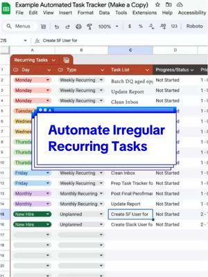 🤯 Automate ALL Your Tasks in Google Sheets! (Even the Irregular Ones) 🤯 Ever wished you could add recurring tasks to your to-do list in bulk? ✨ Now you can! This video reveals the secret to automating even the most irregular tasks in Google Sheets. 🤫 Watch and learn how to:  * Use Apps Script to instantly add multiple tasks to your list. 🚀  * Customize task details with the Find and Replace tool. 🔄  * Save time and eliminate manual entry for good! ⏰ Perfect for onboarding new hires, managing complex projects, or just streamlining your daily routine. 😉 This is an optional upgrade to the tracker. To see how to customize the apps script to do this, see my YT video called “Hack: Add one off recurring tasks in bulk to your task tracker” #GoogleSheets #AppsScript #Automation #ProductivityHacks #TaskManagement #ProjectManagement #tasktracker #template