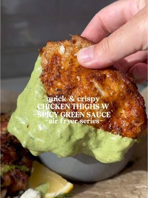 Day 8- Quick & Crispy Air Fryer Series  Chicken Thighs with Spicy Green Sauce 🌿🌶️ DM me the word “COOKBOOK” and I’ll send you the link to my ‘Quicker & Crispier: Air Fryer Recipes’ cookbook. You’ll get instant access to all of the recipes from this series.  Recipe 4 chicken thighs, bone-in 1 tbsp olive oil 1 tsp each: salt, pepper, paprika, garlic powder, onion powder, cumin, oregano 1 tbsp lime juice  Sauce: 3 poblano peppers 1 jalapeño pepper 1 cup Greek yogurt 2 tbsp fresh cilantro 1 tbsp olive oil 2 tbsp lime juice 1 garlic clove Salt and pepper, to taste  1. Marinate the chicken thighs with olive oil, lime juice, and all the spices.  2. Air fry the chicken at 375°F for 22–25 minutes, flipping halfway through for even cooking.  3. Roast the poblano and jalapeño peppers on the stovetop or under the broiler until charred.  4. Remove the stems and seeds from the roasted peppers.  5. Blend the peppers with Greek yogurt, cilantro, olive oil, garlic, and lime juice until smooth.  6. Season the sauce with salt, pepper, and additional lime juice to taste.  7. Serve the chicken with the green goddess sauce on the side.  More recipes on flavorsbyfrangipane.com #airfryerrecipes #dinnerrecipes #poblano #greensauce #spicysauce #airfryercooking #airfryerchicken #DinnerIdeas