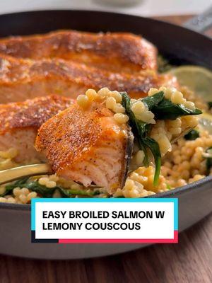 EASY BROILED SALMON & LEMONY COUSCOUS, a recipe that has all the comfort food vibes thanks to the couscous, served with flaky, broiled salmon for the perfect pairing. It is EASY to make and also makes a pretty presentation, so cheers to more nourishing, easy meals in 2025! Follow my page for more recipes like this and enjoy! Makes 4 servings 4, 6 oz salmon filets 1 tb olive oil 1 tsp garlic powder 1 tsp paprika 1/2 tsp salt 1/2 tsp black pepper 2 tb olive oil 1 small onion, finely diced 3 cloves garlic, mashed 2 cups pearl couscous 2 1/4 cups chicken broth or veggie broth 3/4 cup freshly grated Parmesan cheese 2 lemons, juiced and grated 2 cups fresh spinach  Dry salmon with a paper towel. Rub with olive oil and seasonings. Line up the salmon filets on a parchment lined baking sheet. Broil for 8-9 minutes on the middle rack or until desired doneness (I like medium-rare salmon, so 9 minutes is perfect. Remove from oven and set aside.  Next, get out a 12-inch skillet. Add olive oil over medium heat. Once hot, add the onion. Sauté 2-3 minutes then add the garlic, sautéing one more minute. Next add the dry couscous, tossing well and toasting for 4-5 minutes or so, until golden and fragrant. Add the broth and mix well. Reduce heat to low, and cover. Cook for 12-15 minutes until cooked through but not soggy. There should still be some “bite.” Remove cover. Mix in the parmesan cheese, lemon zest, lemon juice and spinach. Remove from heat. Once the spinach has wilted, taste and adjust salt & pepper as needed. Serve the couscous with the salmon on the side, or for a prettier presentation, add the salmon filets back to the skillet then serve. Enjoy! #salmon #broiledsalmon #skilletrecipes #couscous #healthydinner