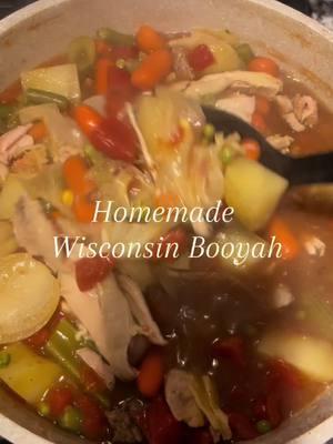 Homemade Wisconsin Booyah🤍 I honestly measure everything with my heart but here are the ingredients 🫶  -chicken & beef -celery, potatoes, carrots, onion, cabbage, frozen mixed veggies -Maggie chicken, Lawrys, onion powder, garlic powder, garlic salt, salt, pepper -Worcestershire  ENJOY🥰  #recipes #soup #booyah #wisconsin #packers 