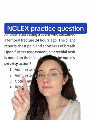 hey nursing students 🫶🏻✨ hang with us for 2 minutes to do this NCLEX question 🩺 correct answer: 1 ✅ (get access to our qbank through our live study group - link in bio, friends)  #greenscreen #fatembolism #musculoskeletal #nclexquestions #nclexquestionoftheday #studytok #nclexstudying #nursingschooltips #bsnstudent #studentnurse 