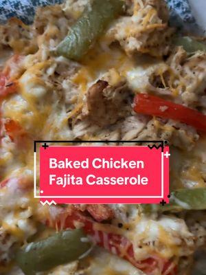 Healthy Baked Chicken Fajita Casserole 1 lb chicken uncooked 1 Tbsp oil  1 medium red bell pepper, sliced 1 medium green bell pepper, sliced ½ medium yellow onion, sliced 1 cup low fat ricotta cheese 4 oz. low fat cream cheese 1 ½ Tbsp no-salt fajita seasoning 2 cups cooked rice 1 cup shredded cheese blend Instructions Preheat your oven to 350 degrees.  Bring a medium size pot of water to a boil on your stovetop. Add your chicken to the pot and boil for 15 minutes or until no longer pink on the inside.  While the chicken boils, heat a large skillet over medium high heat. Add the oil and coat the bottom of the pan. Add your sliced peppers and onions to the pan and saute for 5-7 minutes or until the edges of the peppers start to brown and the onions start to turn translucent.  When the chicken is done, drain the water and shred the chicken into bite size pieces into a large bowl.  Next, combine all of your ingredients except for the shredded cheese (shredded chicken, peppers and onions, ricotta cheese, cream cheese, fajita seasoning, and brown rice) in the large bowl your chicken was in and stir it up really well. The fajita seasoning should be evenly distributed and the heat from the chicken, peppers, and onions should help melt the cheeses so they're easy to stir.  Pour the casserole mixture into a greased 9×13 baking dish and spread it out evenly.  Sprinkle the shredded cheese evenly over the top of the casserole.  Place the baking dish in the heated oven and bake for 15-20 minutes.  Serve and enjoy!  Carbohydrates: 24g | Protein: 39g | Fat: 18g | Sodium: 457mg | Fiber: 2g | Sugar: 4g #milknhoneynutrition #diabetes #bloodsugar #type1 #t1d #type1diabetes #type2 #t2d #type2diabetes #prediabetes #bloodsugarfriendly 