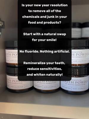 Just 6 ingredients. And none you can’t pronounce. 😅 Hydroxyapatite  Bentonite Clay Calcium Carbonate  Sodium Bicarbonate  Xylitol OR erythritol OR sweetener-free  Natural flavoring (that’s actually natural)  #toothpowder #naturalremedies #naturalswaps #nontoxicliving #newyearnewaura #newyearnewme #bigpharmabigproblem #supportsmallbusiness #remineralizeyourteeth #hydroxyapatite #fypシ゚viral #crunchymom #nontoxicproducts #naturalproductsthatwork 