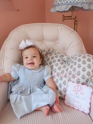 10 months of hanging with our best girl 🩷🎀☁️ she is wearing a @feltmanbrothers set! #babygirl #babyootd #tenmonths #milestone #milestones #milestoneshoot #smockeddress 