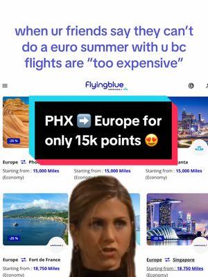 2025 is the year the trip makes it out of the group chat! Tag your travel bestie 👀 The January 2025 Flying Blue Promo Rewards have dropped and I’m already packing our bags for a European summer 😍 There are discounted flights from the US to Europe for the following classes and cities: 👉🏻 Premium Economy JFK ➡️ Europe for 26,250 points ORD ➡️ Europe for 26,250 points 👉🏻 Economy PHX ➡️ Europe for 15,000 points MIA ➡️ Europe for 15,000 points ATL ➡️ Europe for 15,000 points To get this deal make sure to book during this month (January) and travel between now and June 30, 2025 ✈️ 💳 If you have a Chase card: 👉🏻 There’s a 20% bonus transfer from Chase to Flying Blue, but only until January 15 ‼️ So instead of 15,000 points ➡️ You’d only have to use 12,000 for an economy flight! Sounds like a pretty good deal to me 😄 #joinkudos #Meme #MemeCut #traveltips #traveltiktok #travelguide #travelcreditcard #creditcardsforbeginners #creditcardpoints #creditcards #traveldeals #cheaptravel #cheapflights #chase #flyingblue #europe #Summer #CapCut 