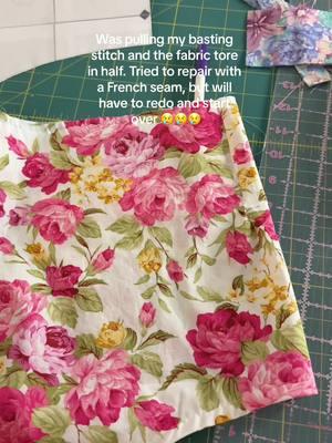 Was working on this mystery pinny romper made of vintage fabric. Was pulling my bast stitch like ive done a million times and it ripped in half down the front 😱 I tried to fix it with a french seam so that I can resell as a defective item. Now to start over.. #sewingvlog #sewwithme #sewingtiktok #sewingfail #smallbrand #handmadeclothing 