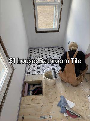 $1 house: bathroom tile is done 😍😍 #100yearoldhouse #1dollarhouse #houserenovation #iboughtafixerupper #bathroomtile