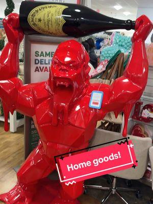 Spotted this enormous red sculpture of a gorilla holding a bottle of Dom Pérignon champagne at Home Goods in Orange - and it’s on clearance!   #homegoodsfind #homegoods #homegoodshaul 