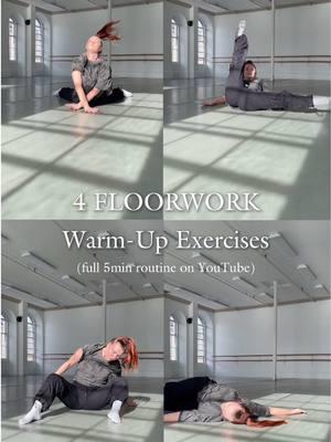 Add these 4 floorwork warm-up exercises to your routine ✨ FULL 5min contemporary floorwork warm-up routine is now live on my YouTube channel! Warm-up and improve at floorwork by focusing on fundamentals and establishing your relationship to the floor.  . . *Disclaimer: Perform these actions at your own risk. Consult with your doctor before any physical activity. Use your best judgement and understand that you should already have an understanding of proper form and technique established / how to protect yourself. This applies to “Easy” or “Beginner” skills as well.  . . . #dance #floorworktechnique #moderndance #contemporarydance #dancer #acro #acrodance #yoga #gymnastics #gymnast #martialarts #dancers #choreography #choreo #movement #dancerehearsal #dancestudio #danceclass #dancetricks #danceteacher #breaking #acrobatics #floorworkdance #floorwork #dancecompetition #danceteacher #dancestudio  #warmup #warmupexercises #danceexercises 