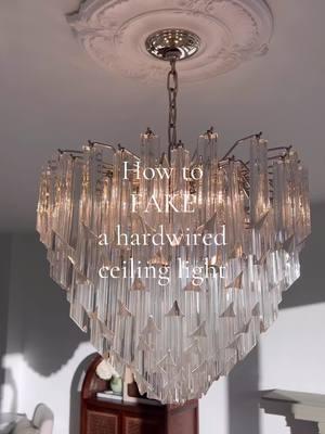 The MOST necessary renter-friendly trick! Links to all materials on my Instagram #chandelier #ceilinglights #ceilinglight #renterfriendly #DIY #renter #apartment #apartmenthacks #homelighting 