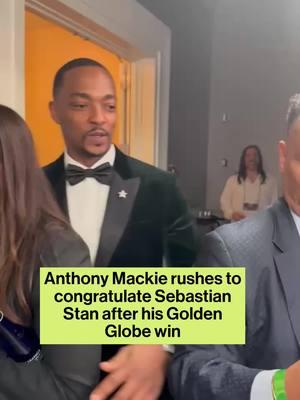 Anthony Mackie couldn't help but crash our interview with Sebastian Stan to congratulate him on his #GoldenGlobes win.