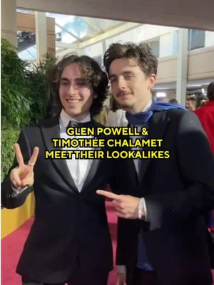 twinnn… where have you been?? 🤝🤝 #GoldenGlobes #LookalikeCompetition #doppelgänger #TimotheeChalamet #GlenPowell #CBS #AwardShow #Awards 