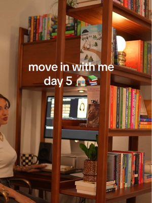 Move in with me day 5 😍📚 So excited for this part… my bookshelf!!! She just went up and is already out of space lmao. #moveinwithme #bookshelf #BookTok #2025tbr #tbr #books #hometour #homeoffice #unpackwithme #cozytok 