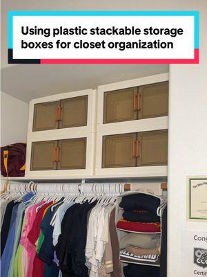 Here’s a unique utilization idea for the viral plastic foldable stackable storage bins/boxes—- organize your closet! #closetorganizationhacks #homefinds #organizers #storagesolutions #foldablestoragebox 