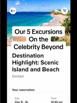 Here is a list of our excursions for all five ports of call on our 10 day Celebrity Beyond cruise. We are going to be visiting Saint Maarten, St. Lucia, Grenada, Barbados, and Antigua.  We are looking forward to all of these excursions, and hopefully you guys will join us during our lives.  Let us know if you have ever visited any of these ports of call and if you have ever done any of these excursions or any other ones in the comments. ##celebritycruises##celebritybeyond##cruiseexcursion##excursions##cruiselife##cruisetok##cruisevacation##cruise@@Celebrity Cruises