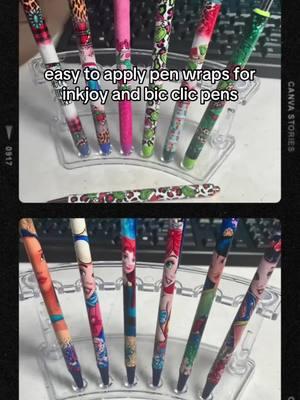 our pen wraps are easy to apply and are perfect for Inkjoy gel and bic clic pens #fyp #foryoupage #inkjoygelpens #stickers #SmallBusiness #pen #DIY #scrapbooking #BookTok 