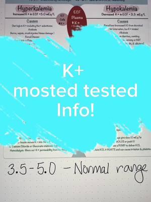 🫀K+ is always a BIG test question on nursing exam. Especially that any imbalance can cause EKG changes #hyperkalemia#hypokalemia #nurses #nursingschoolstudy #nursingstudent #nursingschoolclinical #clinicals #nursingschoolhacks #futurenurse #bsn #absn #nursingstudentresources #nursingstudyguides #nclextips #nursingexams #nursingstudentsoftiktok #rn #nursingstudent101 