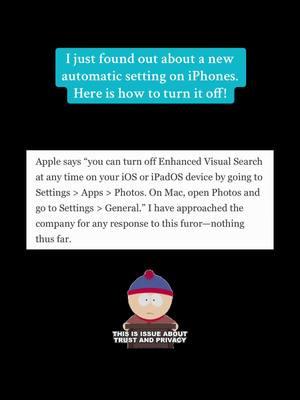 I hate when Apple does this without telling us. I happened to find an article able it. Enhanced Visual Search basically opens up privacy issues due to needing to “share data”…no thanks! It’s automatically turned on, but it’s easy enough to turn off thankfully. #iphoneupdate #enhancedvisualsearch #protectyourprivacy #privacymatters #whatissandradoing #dataprivacy #invasionofprivacy 