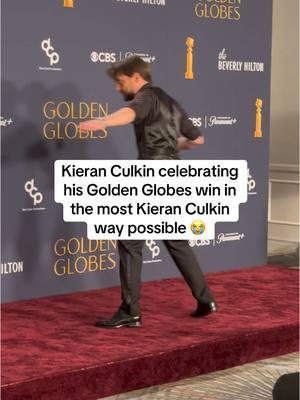 Kieran Culkin celebrating his #GoldenGlobes win for ‘A Real Pain’ in the most Kieran Culkin way possible. #kieranculkin #marieclairemagazine 