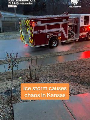 Ice storm chaos: A firetruck slips down a frozen hill in Kansas, cars stuck on a Kansas City highway, and a state trooper shows just how slick the roads were.  #ice #icestorm #firetruck #firefighters #kansas #kansascity #weather #accuweather 